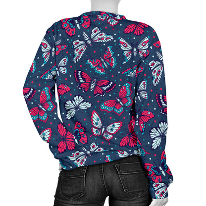 Butterfly Red Deep Blue Print Pattern Women Long Sleeve Sweatshirt