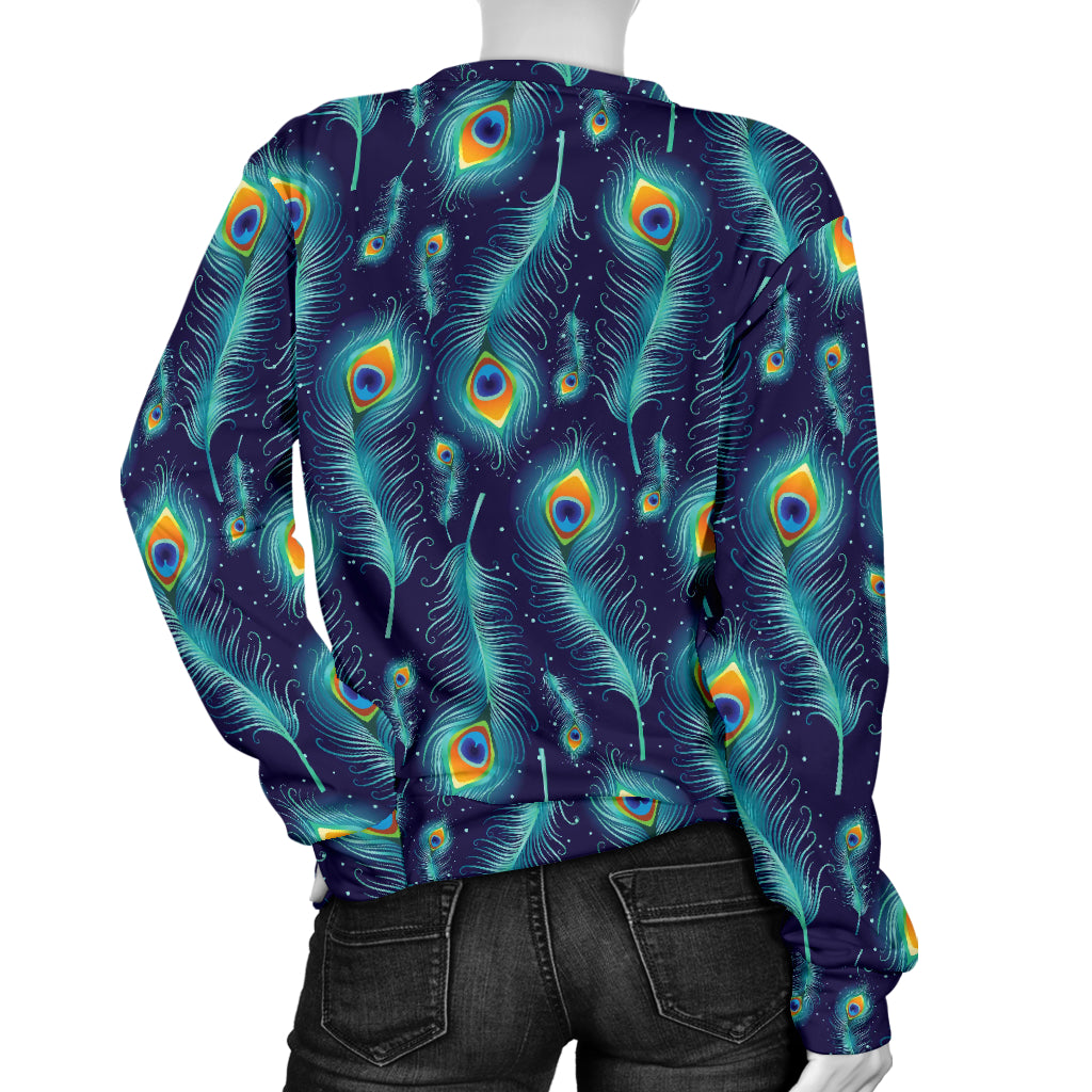 Peacock Feather Blue Design Print Women Long Sleeve Sweatshirt