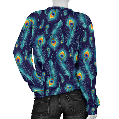 Peacock Feather Blue Design Print Women Long Sleeve Sweatshirt