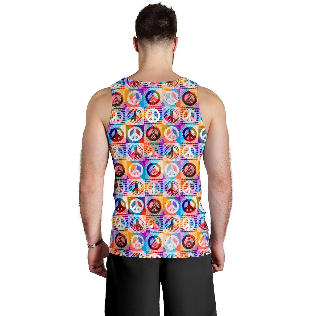 Peace Sign Patchwork Design Print Men Tank Top