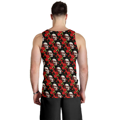 Red Rose Skull Design Print Men Tank Top