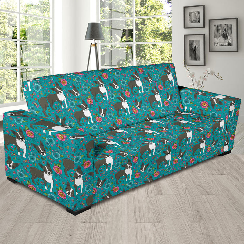 Boston Terrier Pattern Print Design 07 Sofa Slipcover