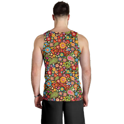 Flower Power Peace Paisley Themed Print Men Tank Top