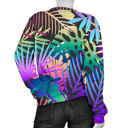 Neon Flower Tropical Palm Leaves Women Long Sleeve Sweatshirt