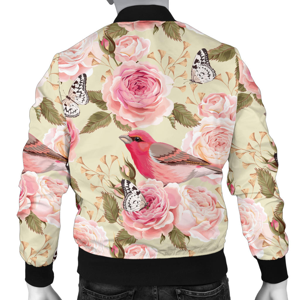 Bird Butterfly Pink Flower Print Pattern Men Bomber Jacket