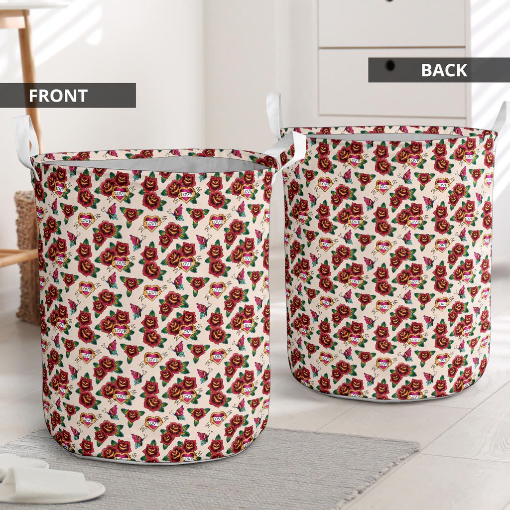Old School Tattoo Rose Pattern Laundry Basket