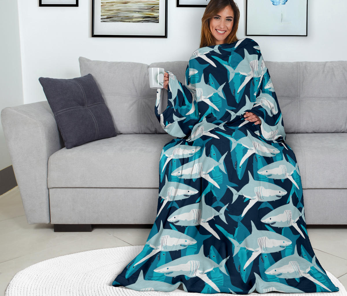 Shark Design Print Adult Sleeve Blanket