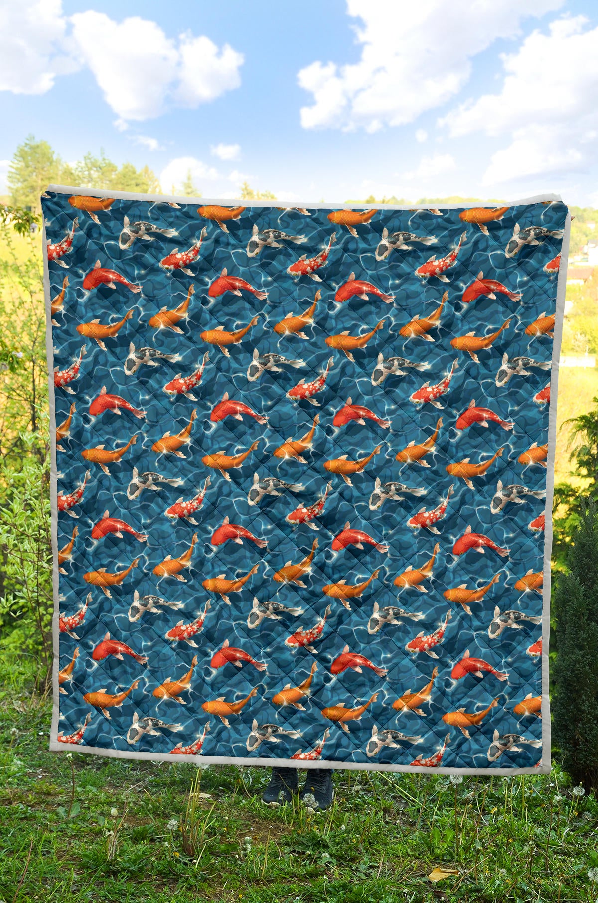 Koi Carp Water Design Themed Print Quilt Bedspread