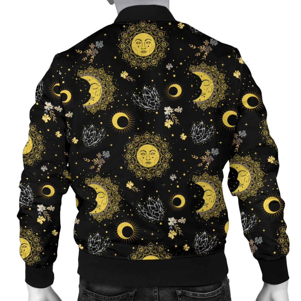 Sun Moon Golden Design Themed Print Men Bomber Jacket