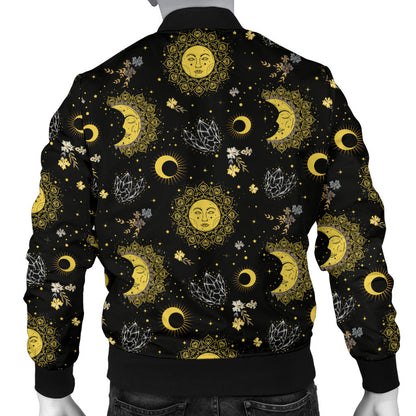 Sun Moon Golden Design Themed Print Men Bomber Jacket