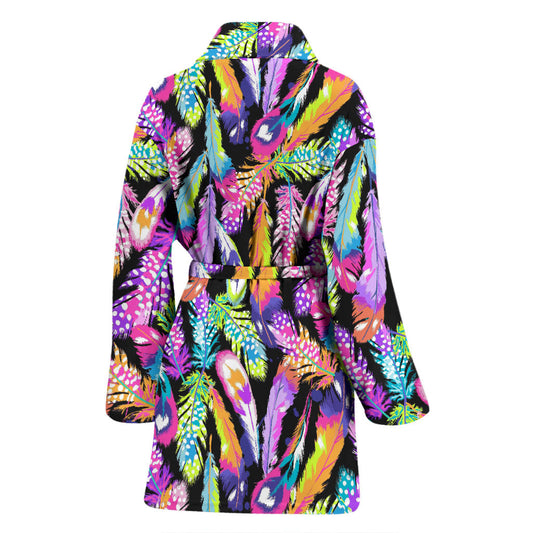 Neon Feather Pattern Print Design A02 Women Bathrobe