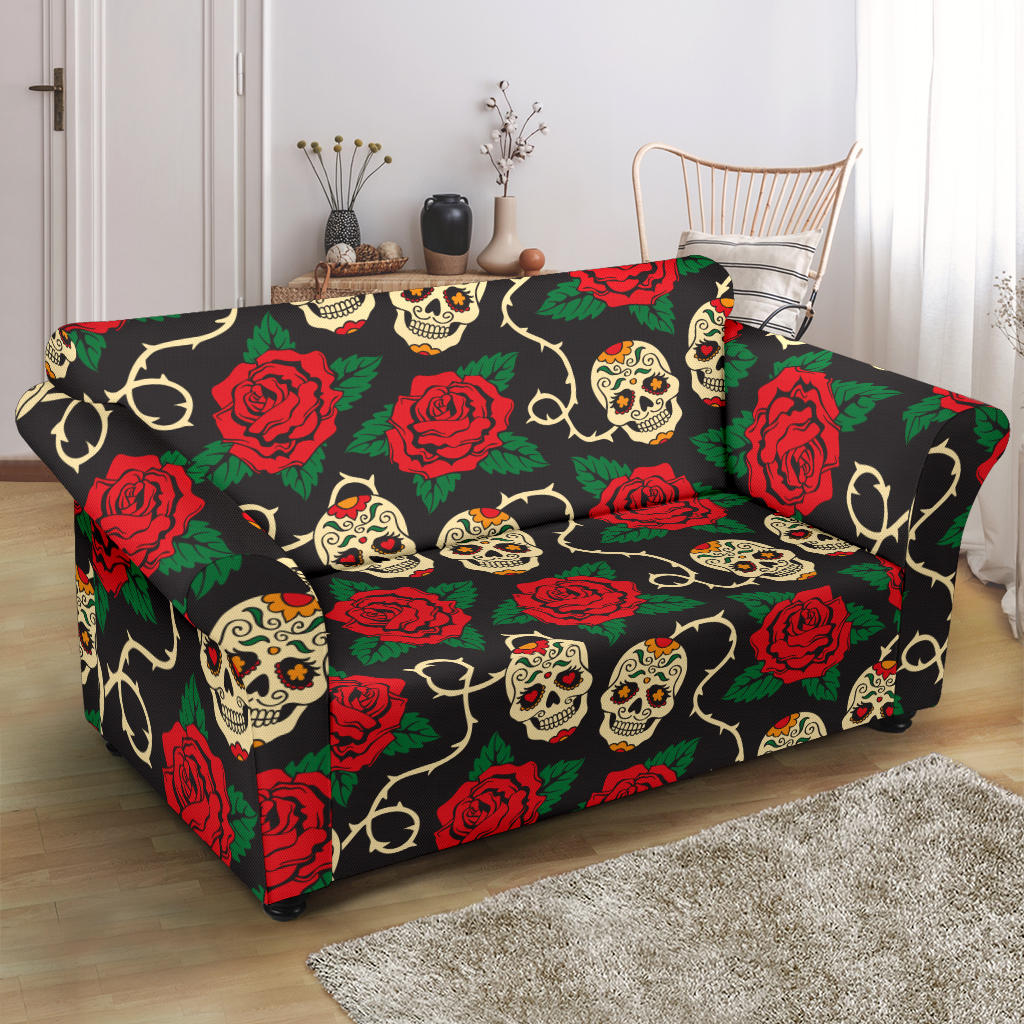 Sugar Skull Red Rose Print Design LKS301 Loveseat Couch Slipcover
