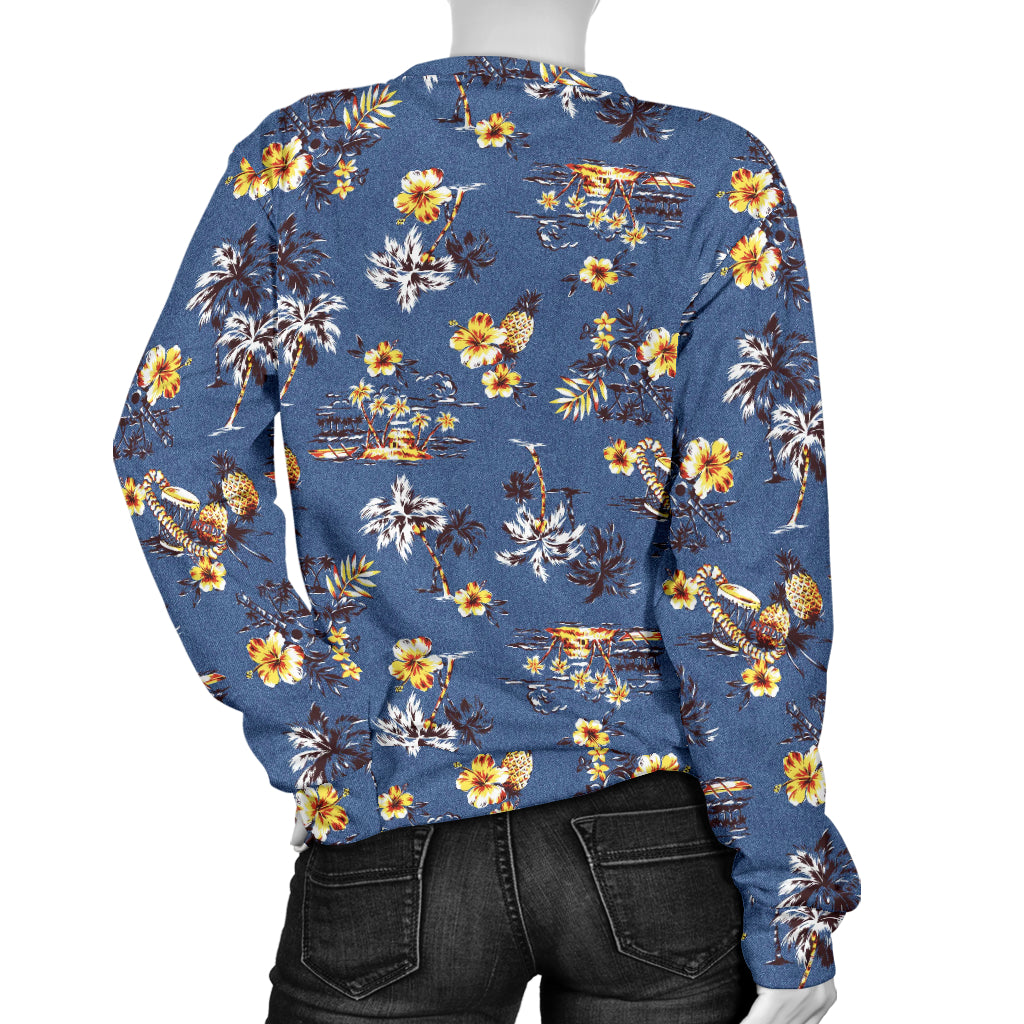 Hawaiian Flower Blue Print Women Long Sleeve Sweatshirt