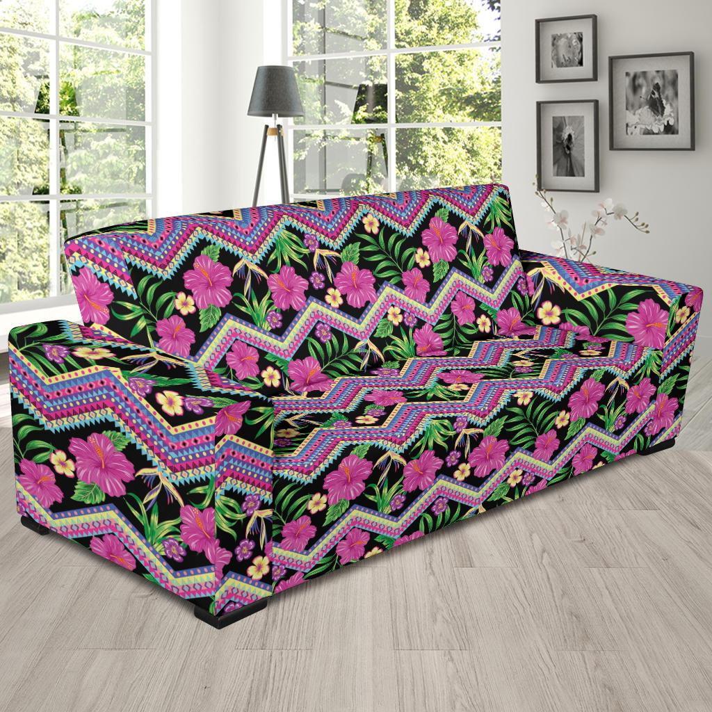 Hibiscus Pink Zigzag Line Pattern Design LKS307 Sofa Slipcover