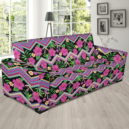 Hibiscus Pink Zigzag Line Pattern Design LKS307 Sofa Slipcover