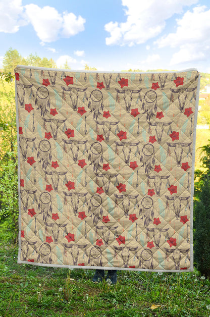 Native Buffalo Head Themed Design Print Quilt Bedspread