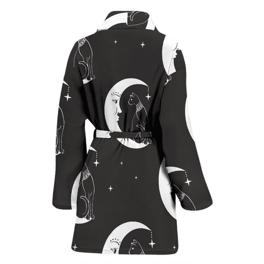 Moon with Cat Pattern Print Design 04 Women Bathrobe