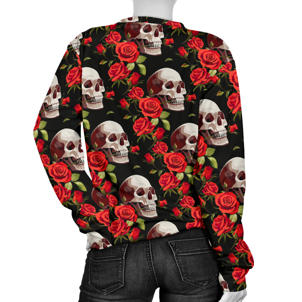 Red Rose Skull Design Print Women Long Sleeve Sweatshirt
