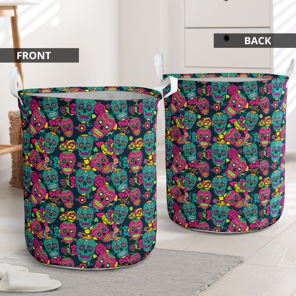 Sugar Skull Floral Design Themed Print Laundry Basket