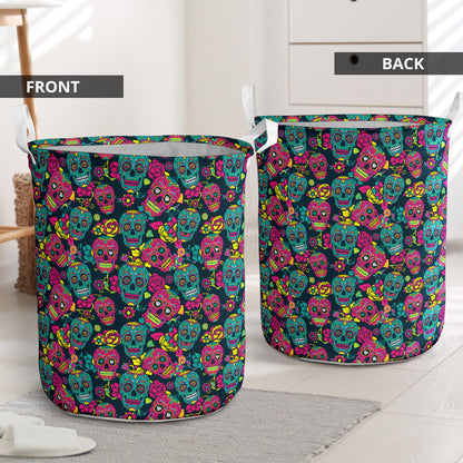 Sugar Skull Floral Design Themed Print Laundry Basket