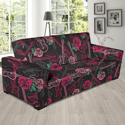 Bass Guitar Pink Rose Pattern Print Design 01 Sofa Slipcover