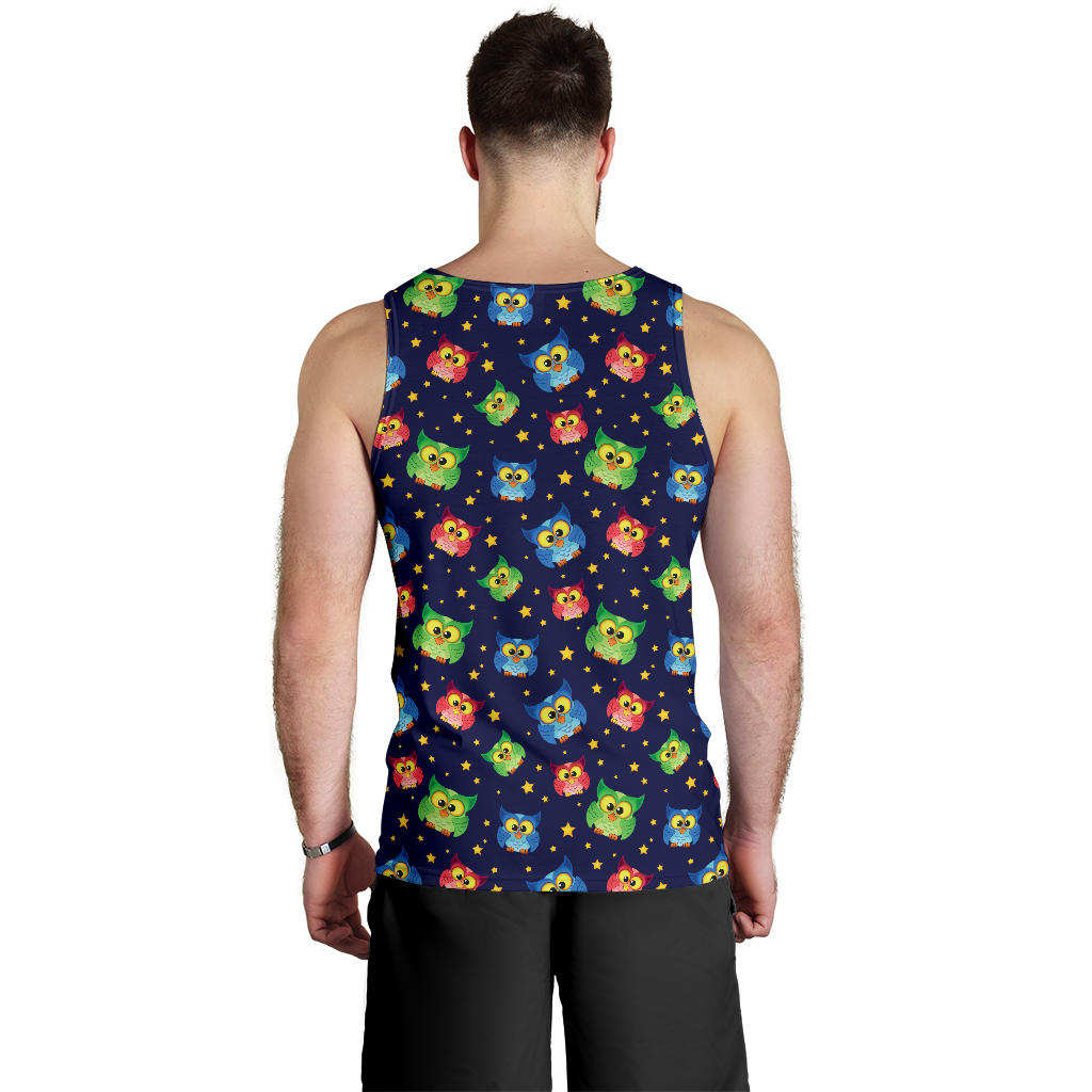 Owl with Star Themed Design Print Men Tank Top