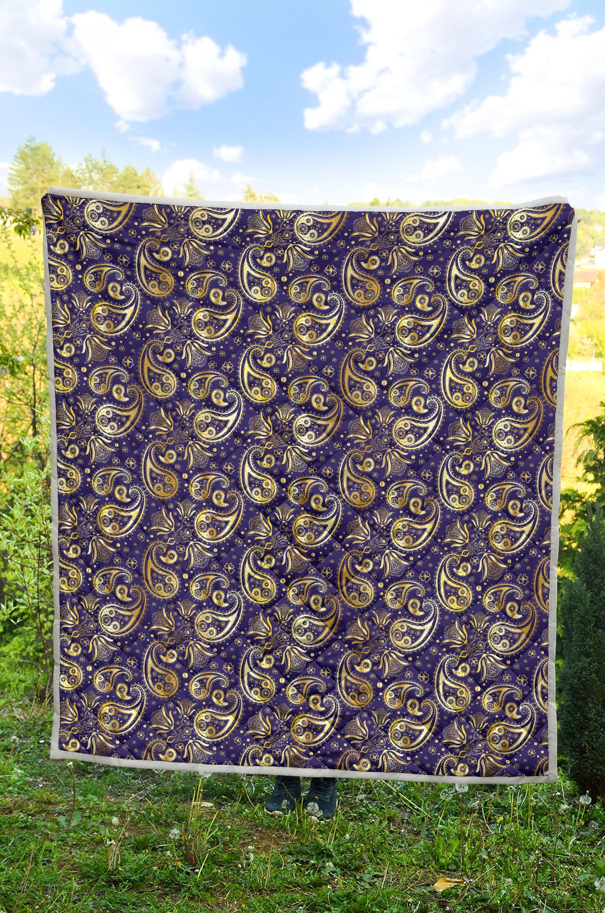 Paisley Blue Yellow Design Print Quilt Bedspread