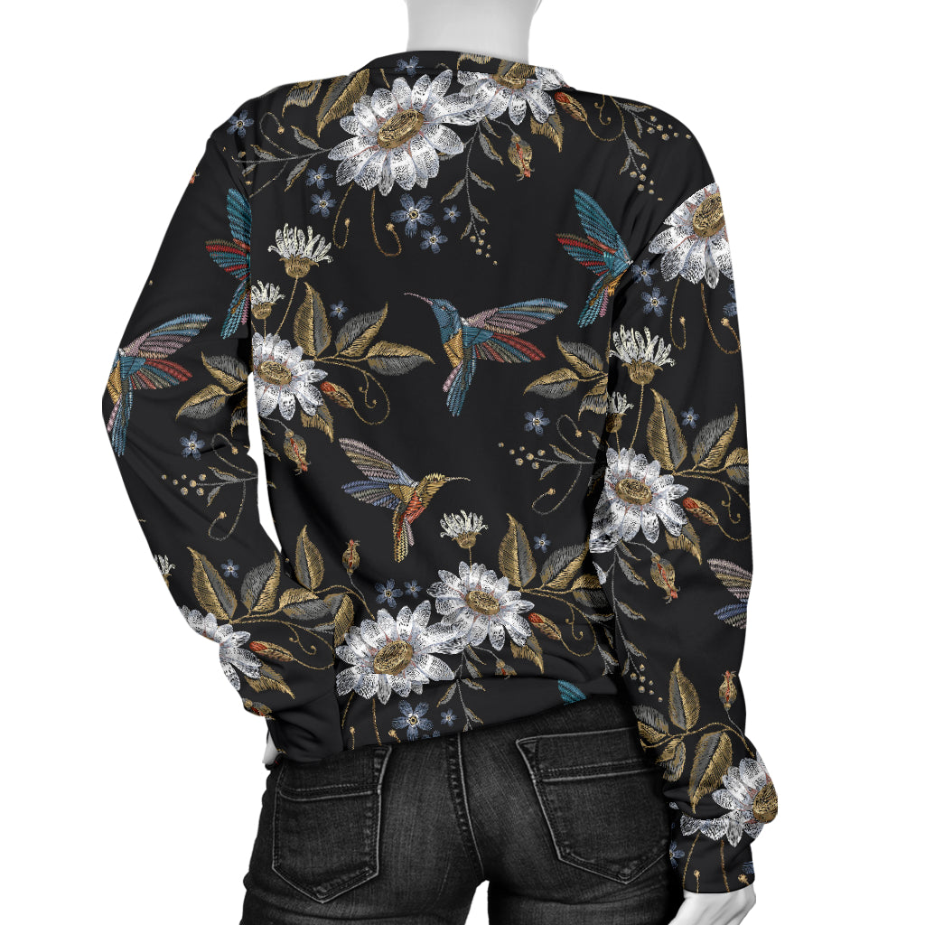 Hummingbird with Embroidery Themed Print Women Long Sleeve Sweatshirt