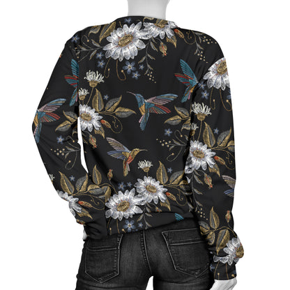 Hummingbird with Embroidery Themed Print Women Long Sleeve Sweatshirt