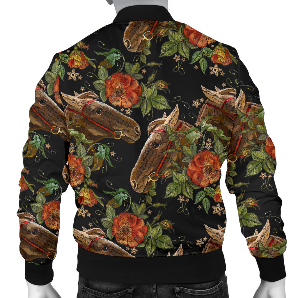 Horse Embroidery with Flower Design Men Bomber Jacket