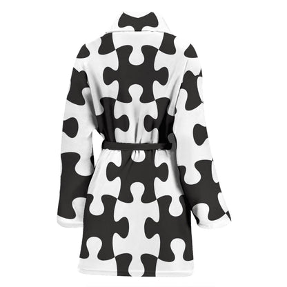 Puzzle Black White Pattern Print Design A02 Women Bathrobe