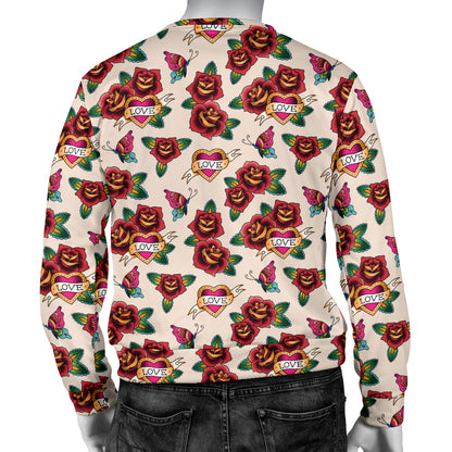 Old School Tattoo Rose Pattern Men Long Sleeve Sweatshirt
