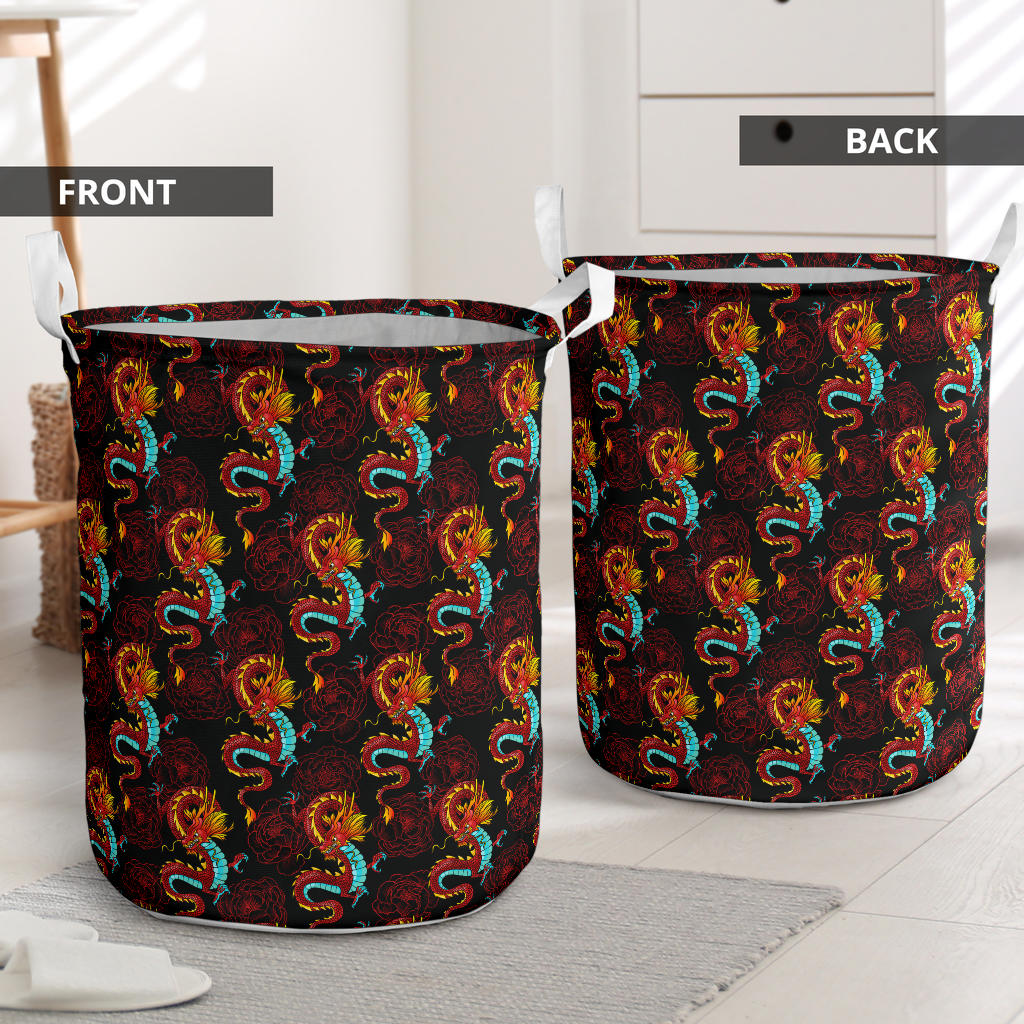 Chinese Dragons and Peonies Design Laundry Basket