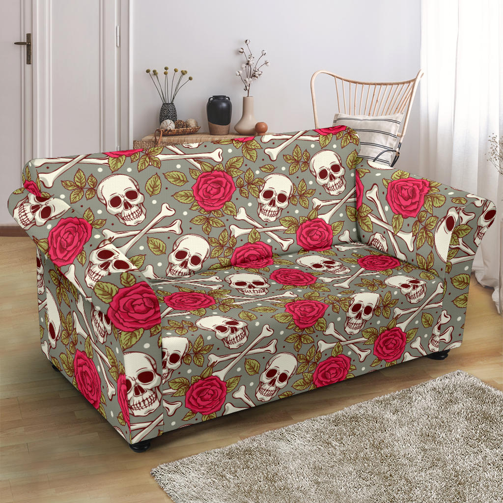 Skull Bone Rose Print Design LKS303 Loveseat Couch Slipcover