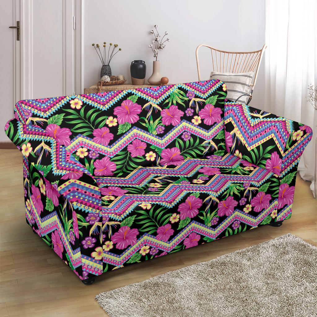 Hibiscus Pink Zigzag Line Pattern Design LKS307 Loveseat Couch Slipcover