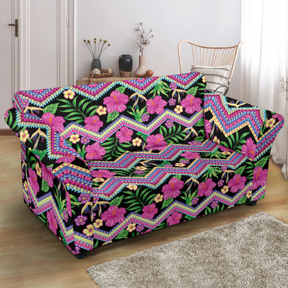 Hibiscus Pink Zigzag Line Pattern Design LKS307 Loveseat Couch Slipcover