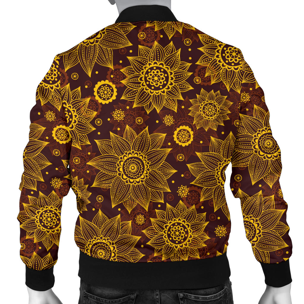 Gold Sunflower Hand Drawn Print Men Bomber Jacket