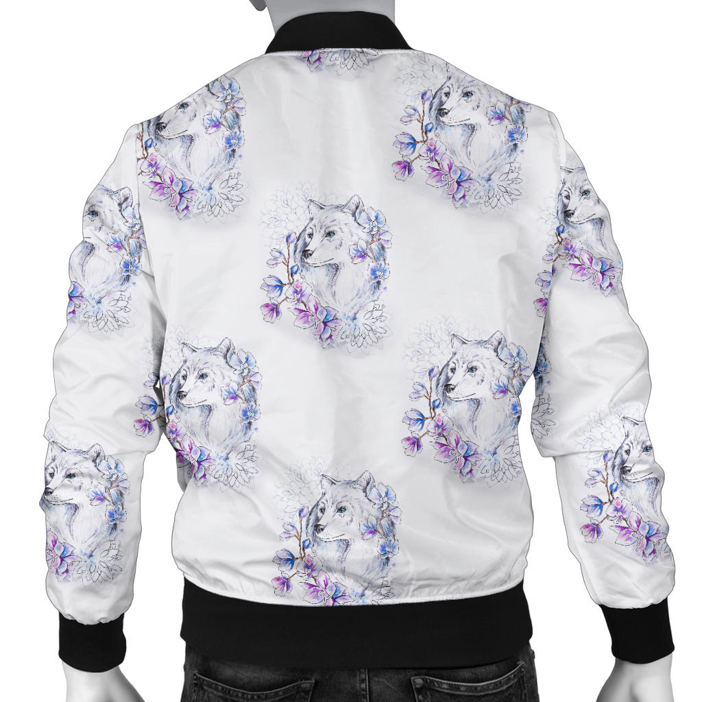 Wolf with Flower Print Design Men Bomber Jacket