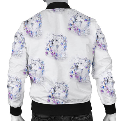 Wolf with Flower Print Design Men Bomber Jacket