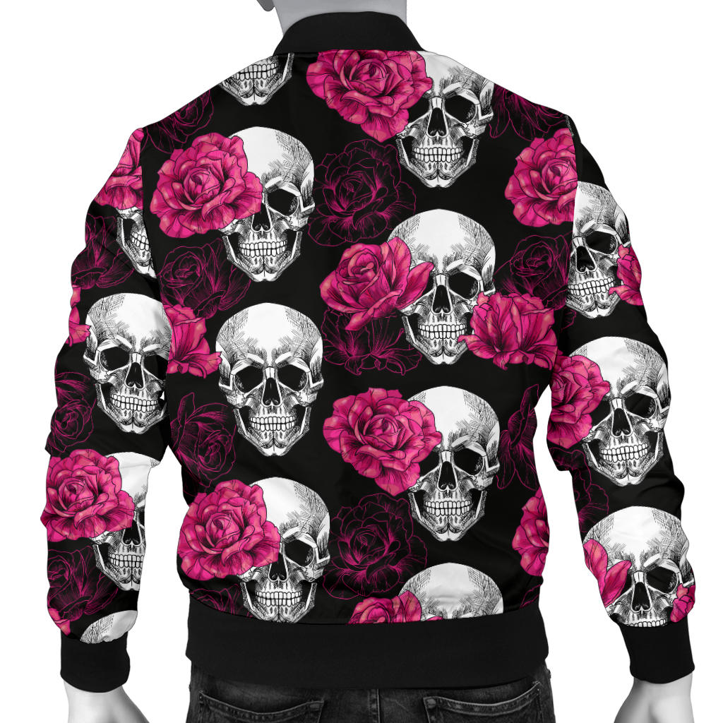 Pink Rose Skull Themed Print Men Bomber Jacket