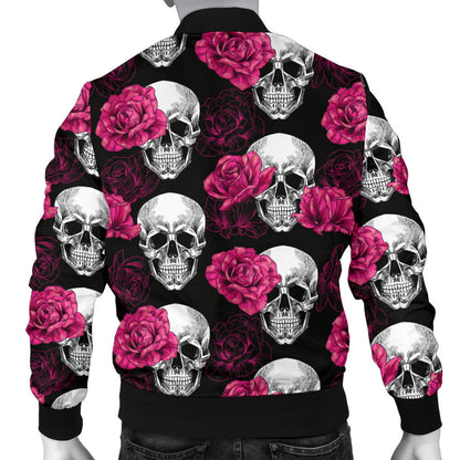 Pink Rose Skull Themed Print Men Bomber Jacket