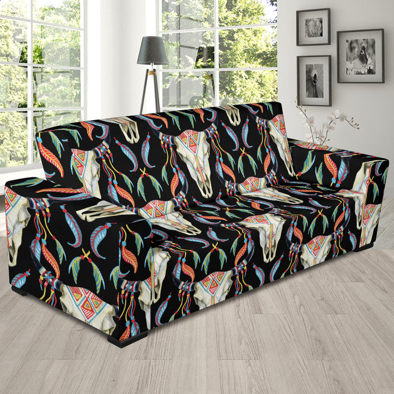 Buffalo Head Boho Style Pattern Print Design 01 Sofa Slipcover