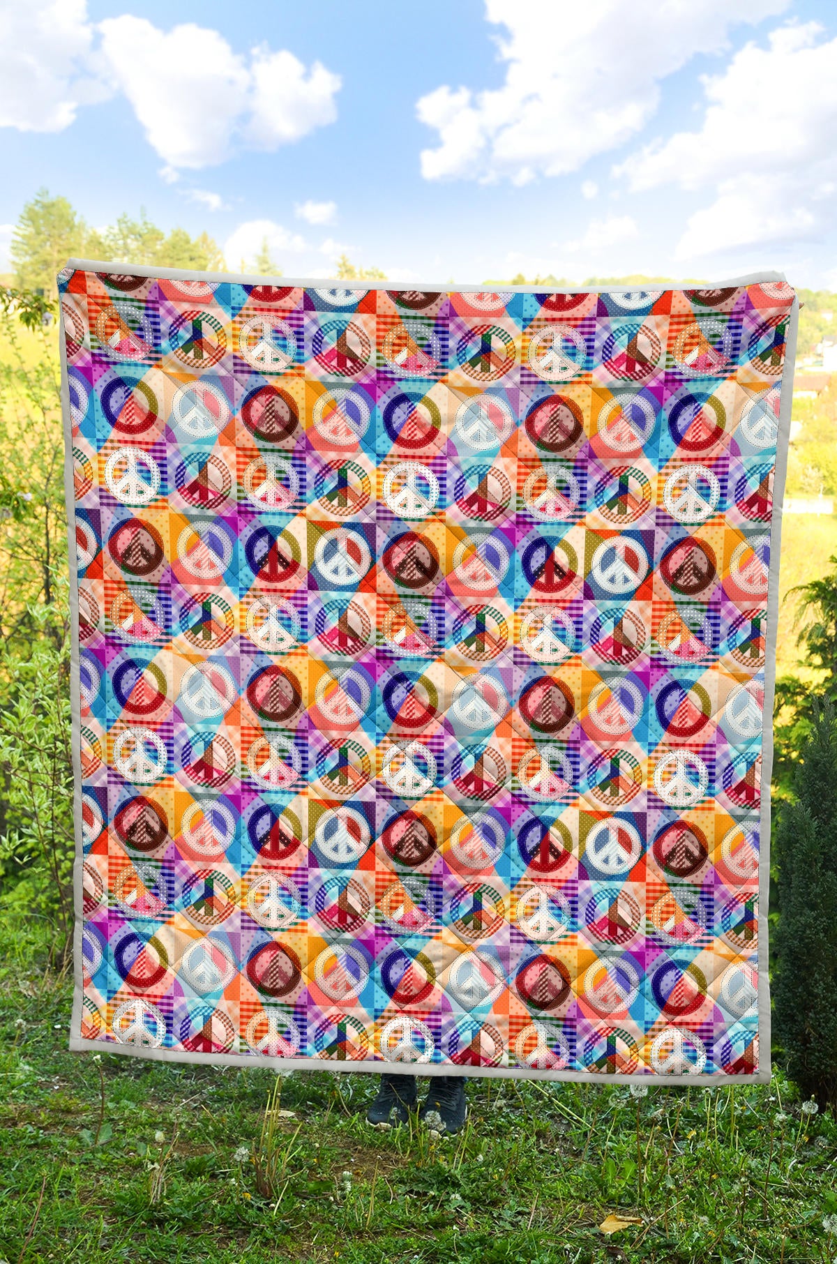 Peace Sign Patchwork Design Print Quilt Bedspread
