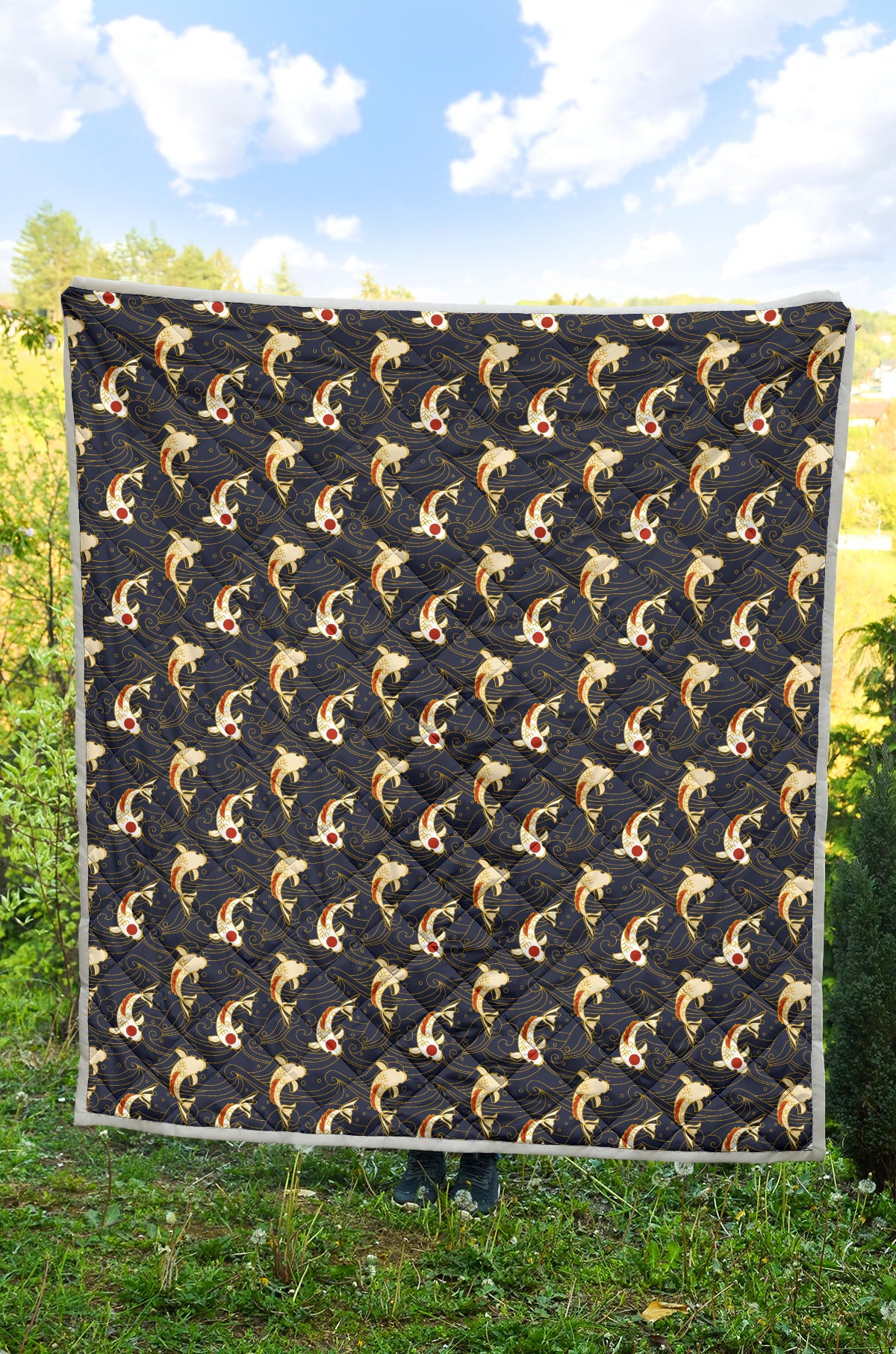 Koi Carp Japanese Design Themed Print Quilt Bedspread