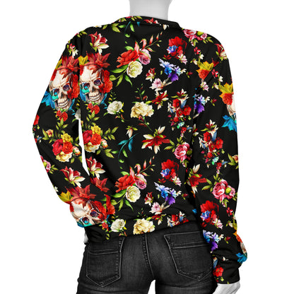 Skull Roses Flower Design Themed Print Women Long Sleeve Sweatshirt