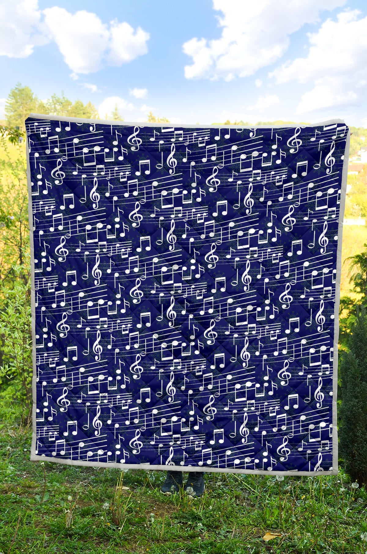 Music Note Blue Themed Print Quilt Bedspread
