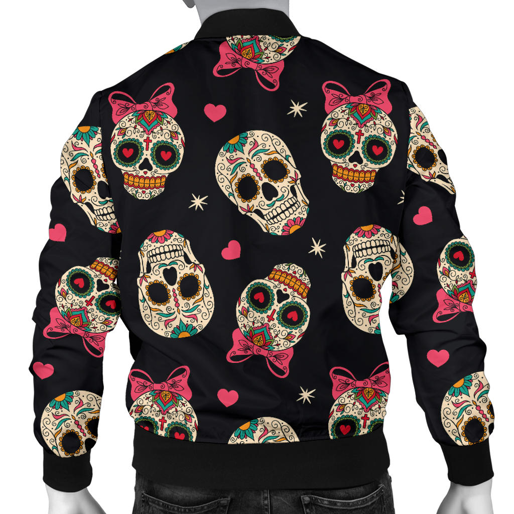 Sugar Skull Pink Bow Themed Print Men Bomber Jacket