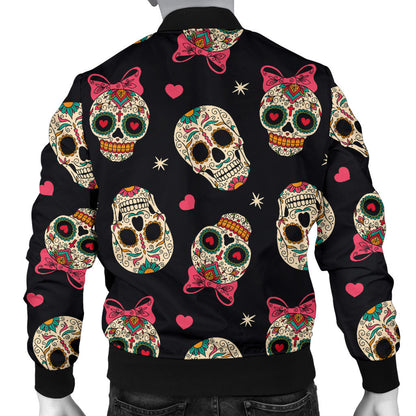 Sugar Skull Pink Bow Themed Print Men Bomber Jacket
