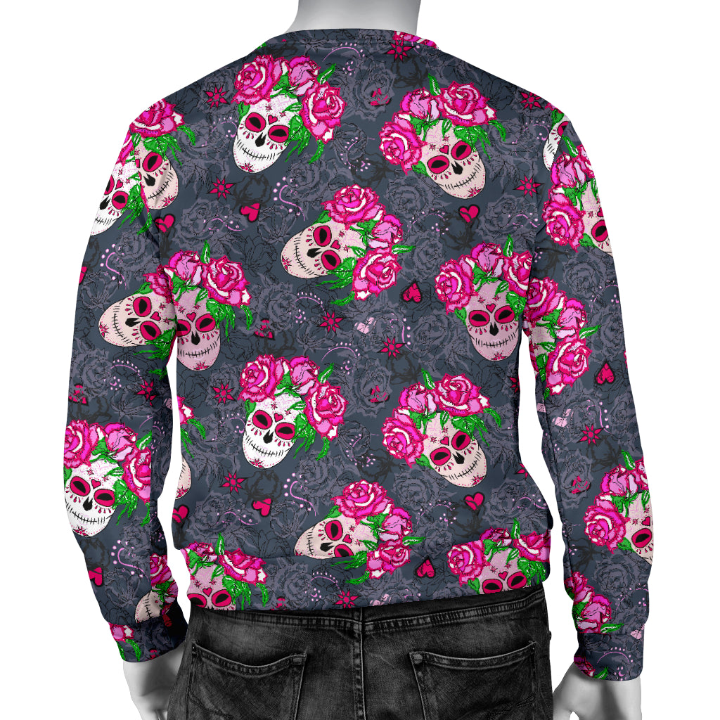 Sugar Skull Pink Rose Themed Print Men Long Sleeve Sweatshirt