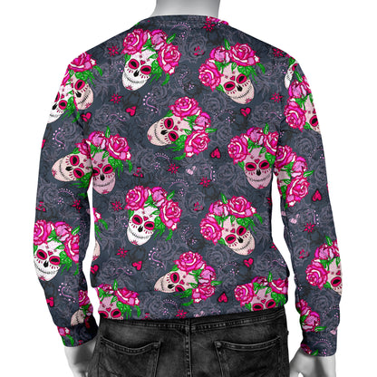 Sugar Skull Pink Rose Themed Print Men Long Sleeve Sweatshirt